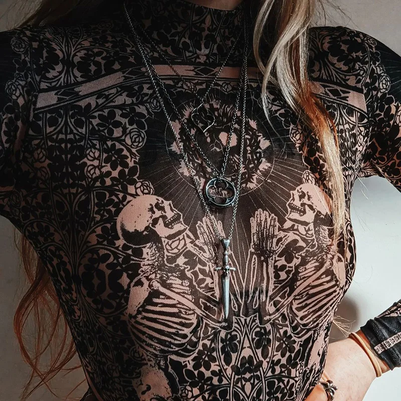 Gothic Print Naked See Through Bodycon Jumpsuits Y2K Lace Mesh Long Sleeve Slim Bodysuits Women Summer T-Shirts Tops Streetwear