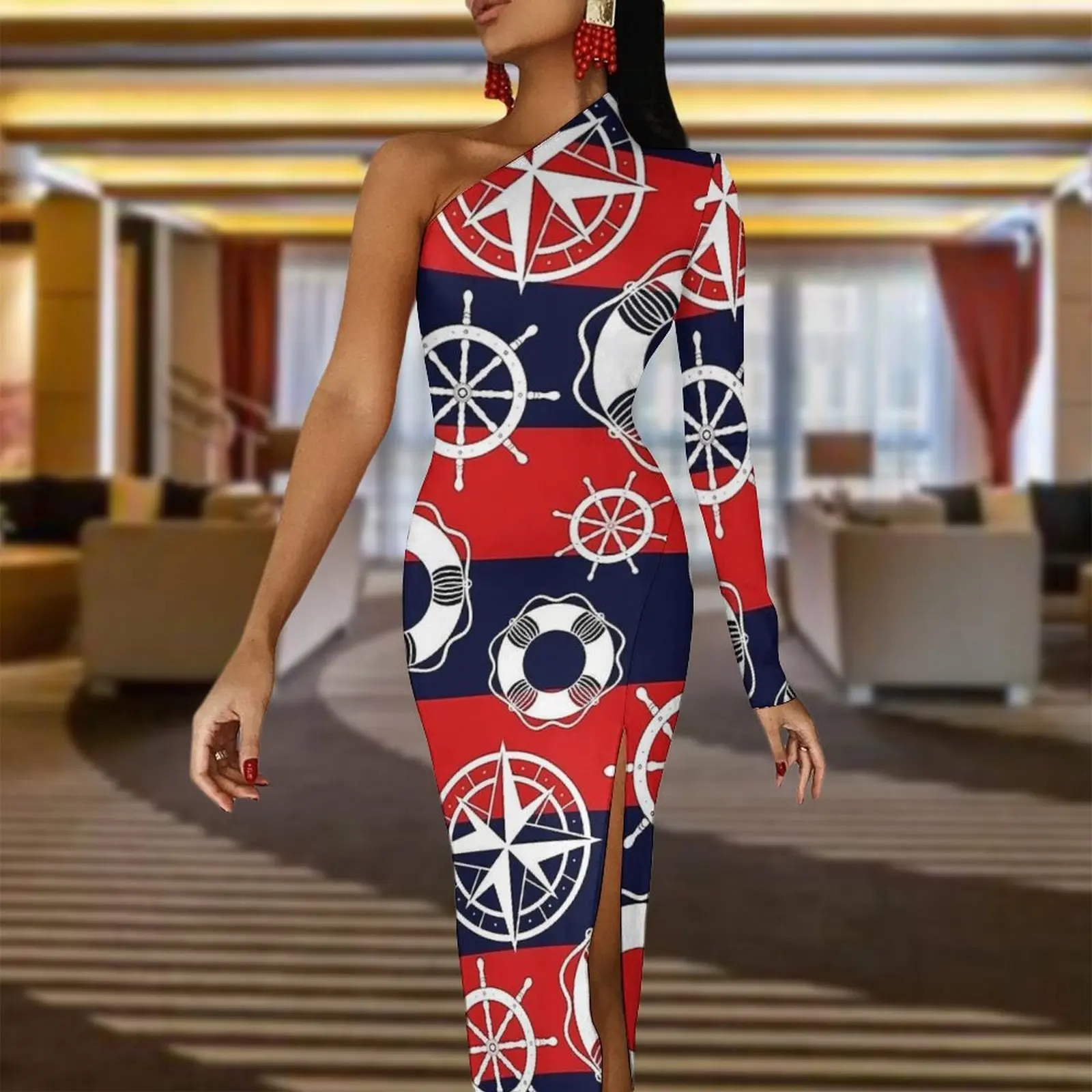 Anchor Bodycon Dress Spring Nautical Marine Kawaii High Slit Long Dresses One Shoulder Design Street Wear Dress