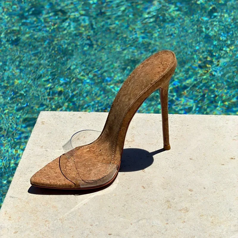 Summer New Women's Cork Textured Pointed Toe Mule Sandals Clear Single Strap Thin Stiletto Heel Slip On Beach Fashion Slippers