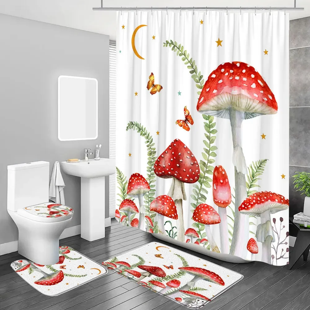 Mushroom Butterfly Flower Shower Curtain Moon Stars Bathroom Curtain Set with Hooks Fabric Washable Bath Curtains Bathroom Decor