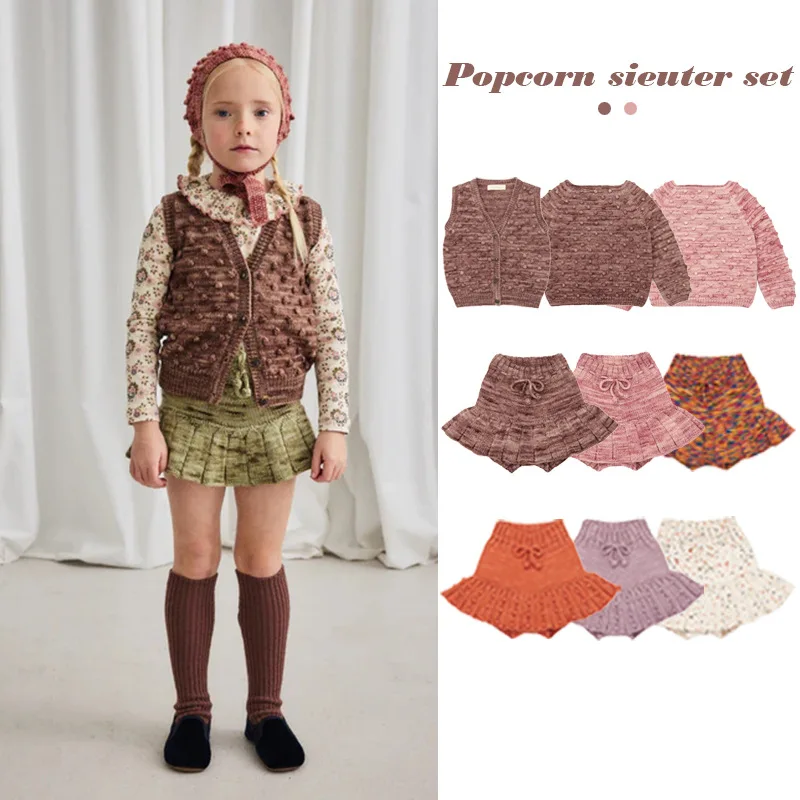 

Children's sweater autumn and winter MP retro style girls' haute couture popcorn ball knitted sweater vest half skirt set