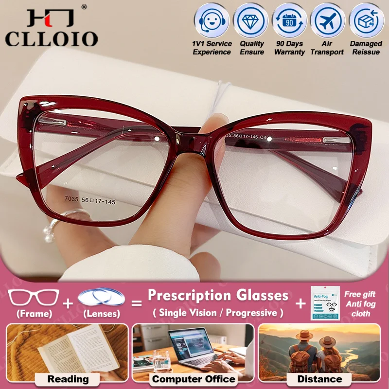 

CLLOIO Classic TR90 Myopia Photochromic Prescription Glasses Trendy Women Cat Eye Anti Blue Ray Progressive Reading Eyeglasses