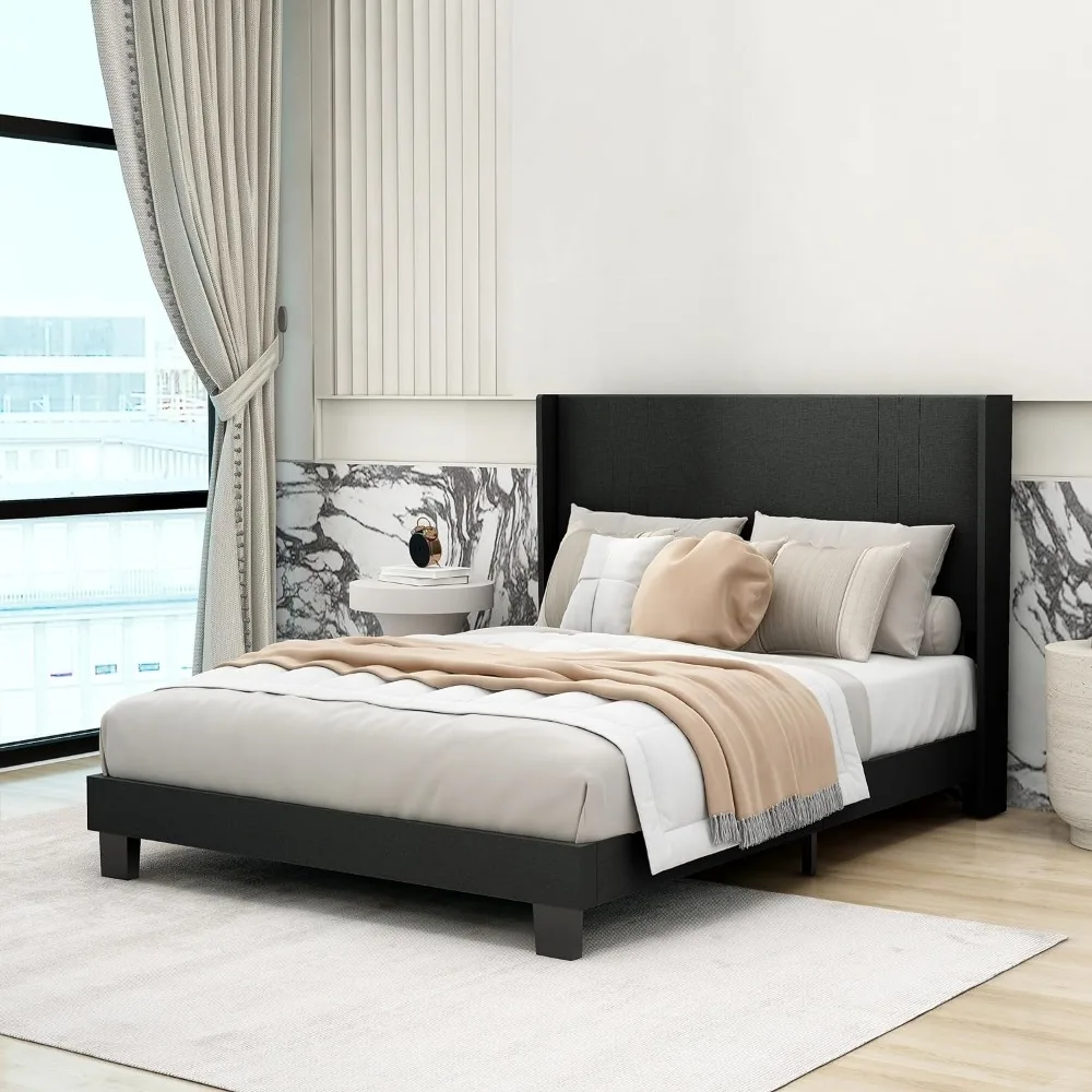 Upholstered Platform Full Size Bed Frame with Headboard Wooden Slats Support Easy Assembly No Box Spring Needed Black Linen