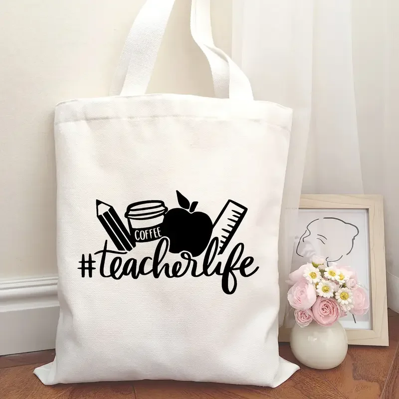 Color Block Teacher Letter With School Supplies Sunflower Print Canvas Tote Bag Handbag For Daily Commute And School Daily Use - view 4