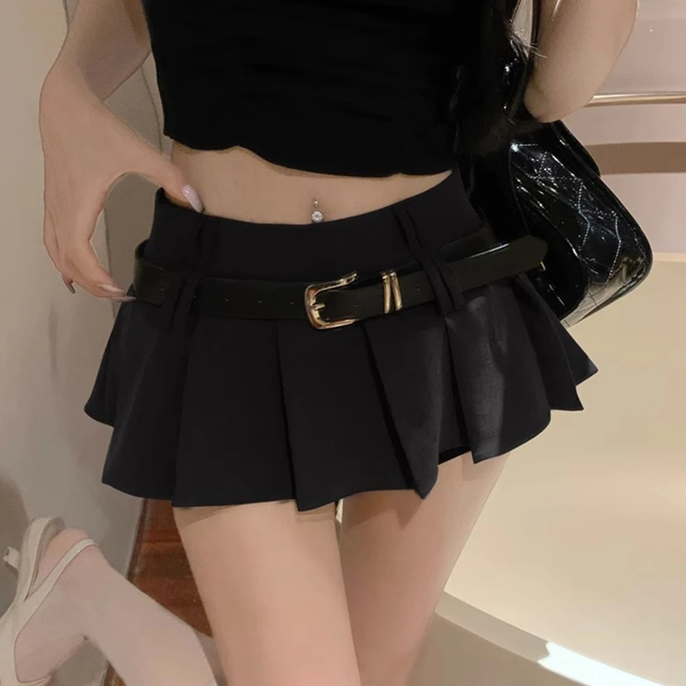 Women Sexy Summer Pleated Half Length Short Skirt With Shorts Korean High Waist Belt A-Line School Solid Female Ultra Short