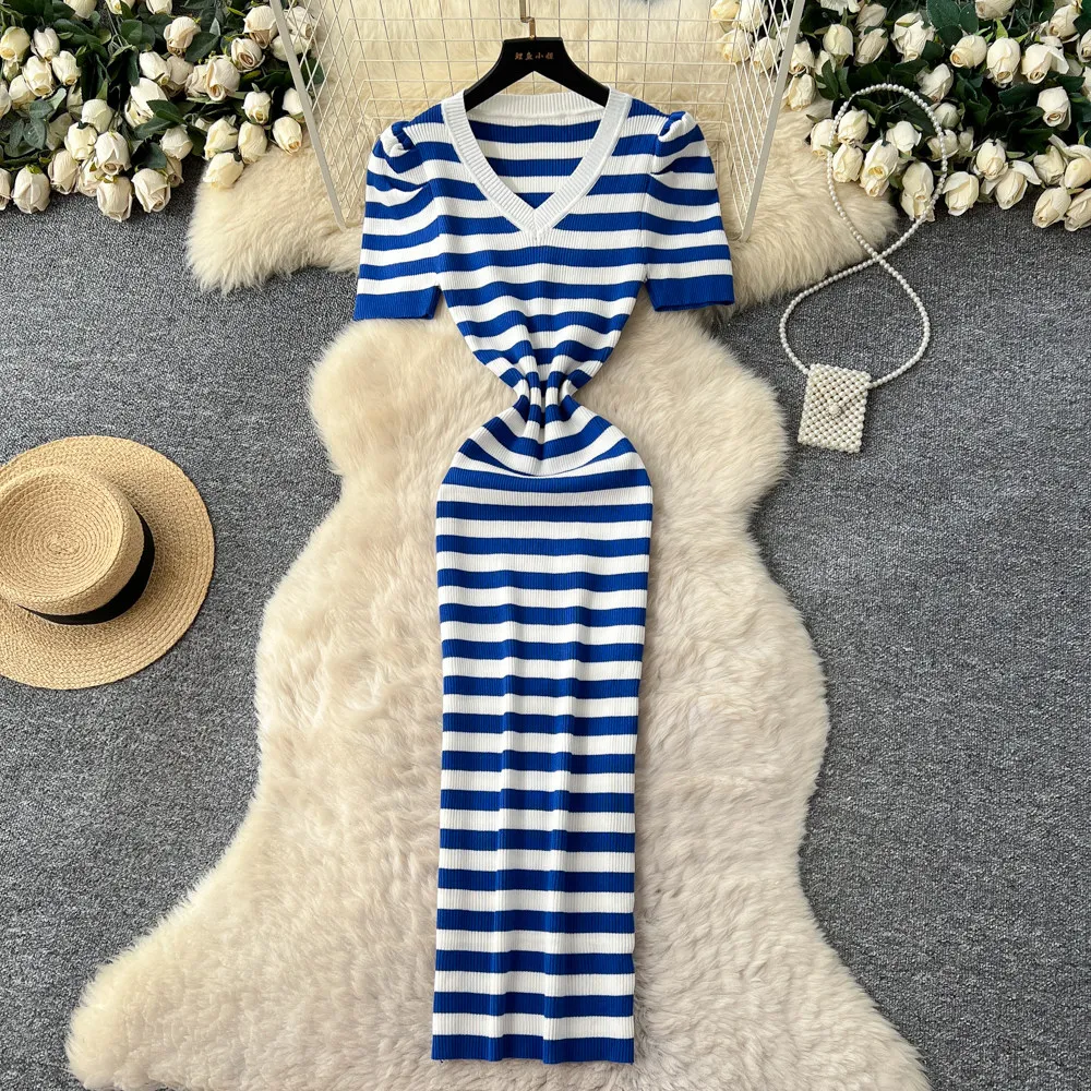Realeft verão vintage listrado feminino malha envoltório vestidos 2026 novo decote em v manga curta casual bainha lápis vestido feminino