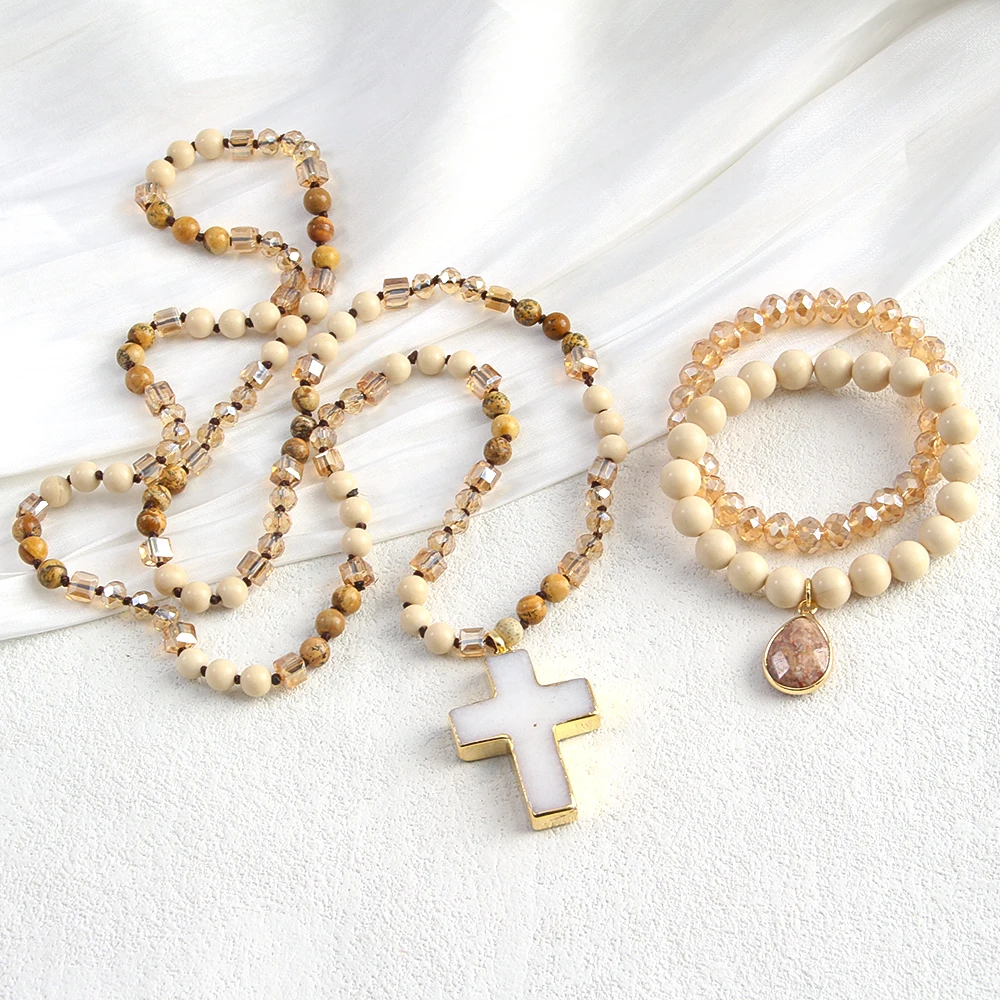 2025 RH Spring Fashion Bohemian Style Natural Stone Glass Cross Pendant Necklace 2pcs Drop Pendants Stack Bracelet Jewelry Set