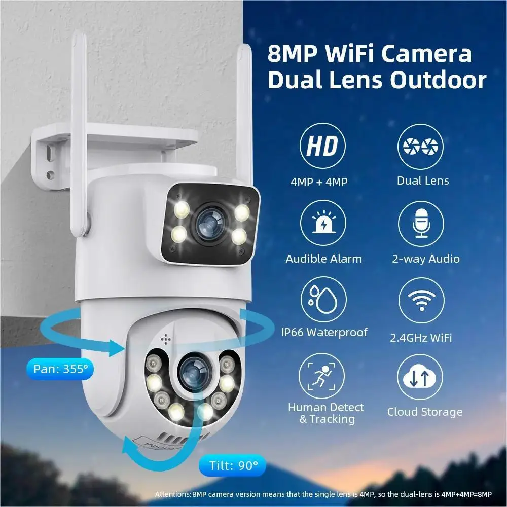 Yoosee/iCsee APP 4K 8MP Dual Lens Wireless PTZ Wifi IP Dome Camera Full Color AI Humanoid Detection Security CCTV Baby Monitor