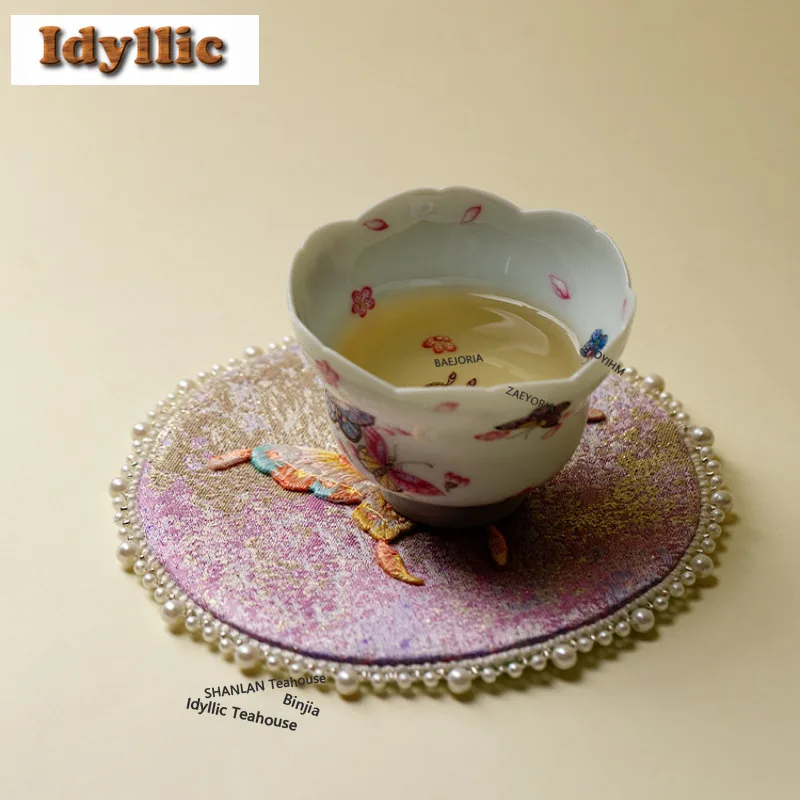 Sashiko Embroidery Butterfly Coasters Vintage Stand For Mugs For Coffee Cups Saucer Heat Insulation Placemats Cup Holder Teaset