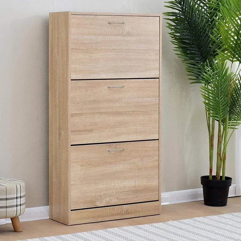 

#Space-saving Slim Shoe Rack in Melamine Wood with 3 Flap Doors and Double Depth Room Hallway Cloakroom Entryway Shoe Cabinet