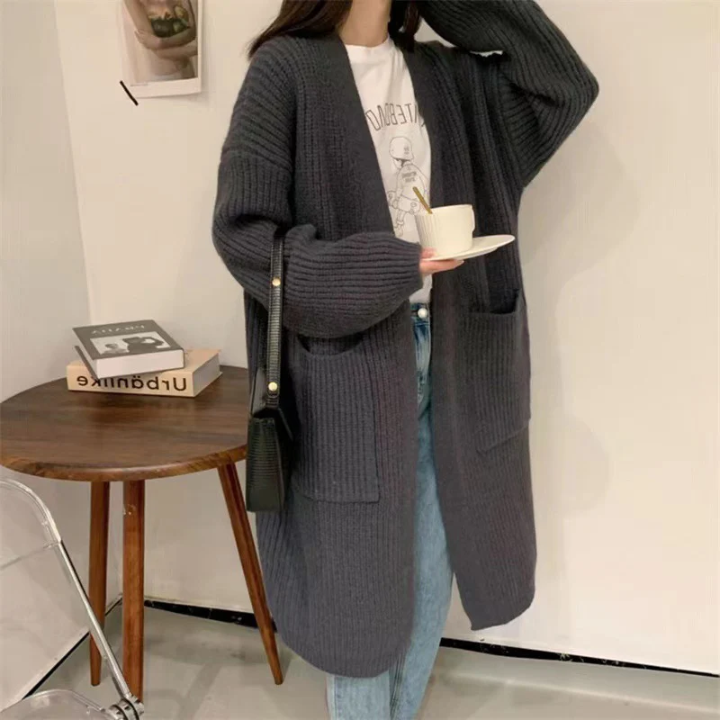 

Woman Autumn Winter Temperament Soft Warm Maxi Coat Korean Street Style Open Long Coats Loose Pocket Knitted Cardigan