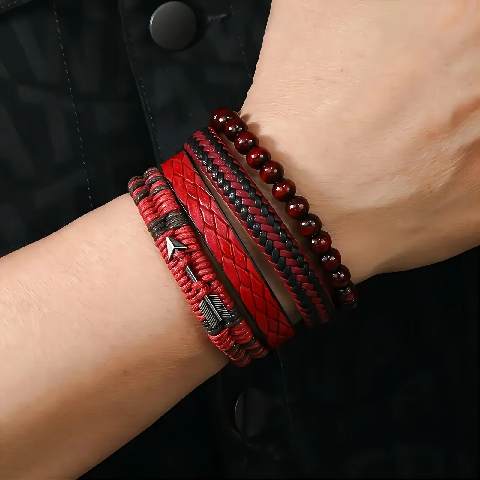 Miss JQ Vintage-Inspired Red Cupid's Arrow Faux Leather Bracelet Set for Men and Women - Multi-Layer Braided Wristbands