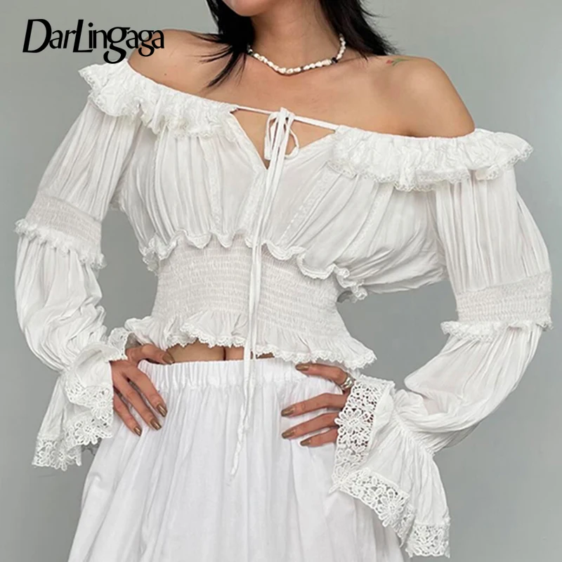 Darlingaga Y2K Aesthetics Ruffles Edge Slash Neck Blouses For Women Chic Lace Patchwork White Autumn Shirts French Ruffles Beach