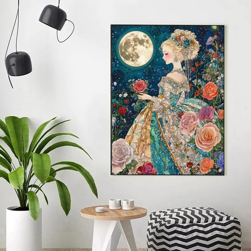 Moon Full Fairy Dust Drill Diamond Painting Beauty Girl Diy Crystal Cross Stitch Embroidery Flower Mosaic Art Woman Home Decor