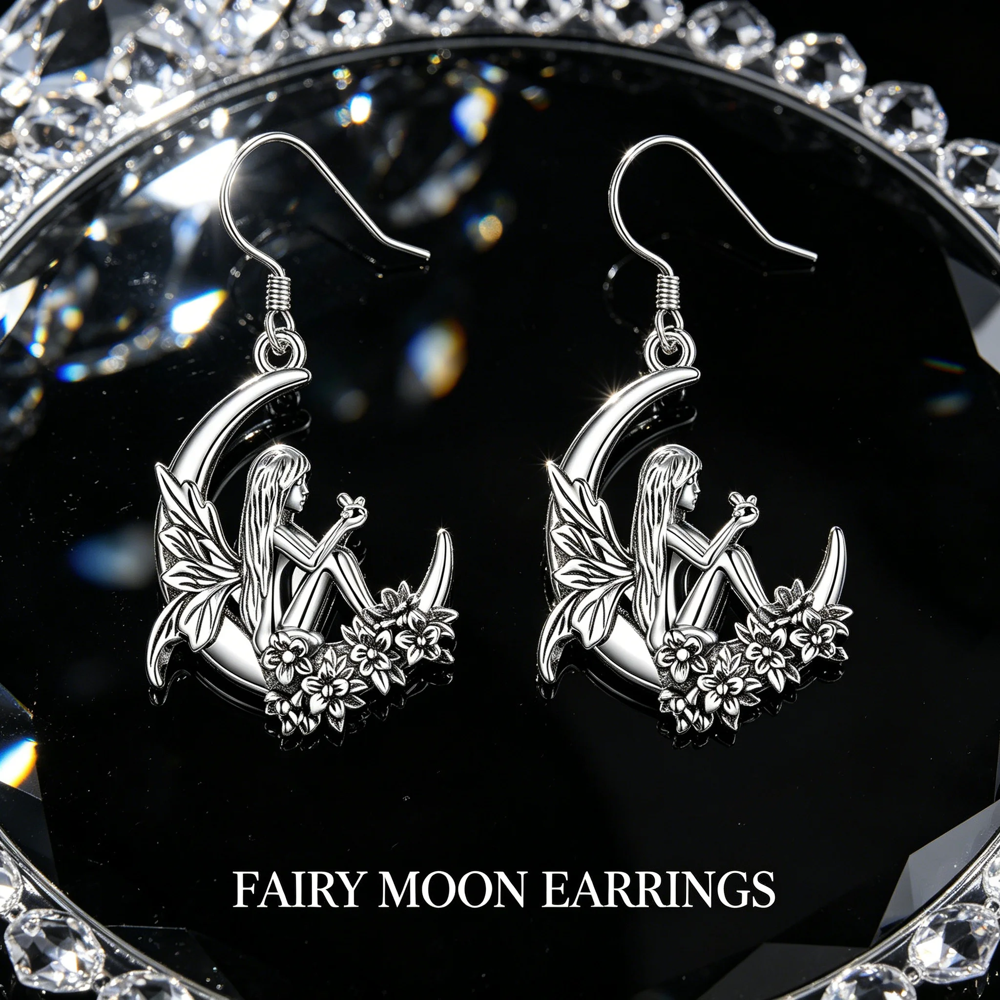 Vintage Silvery Zinc Alloy Enchanted Fairy Moon Dangle Earrings Flower Butterfly Fantasy Jewelry for Women Girls Gift