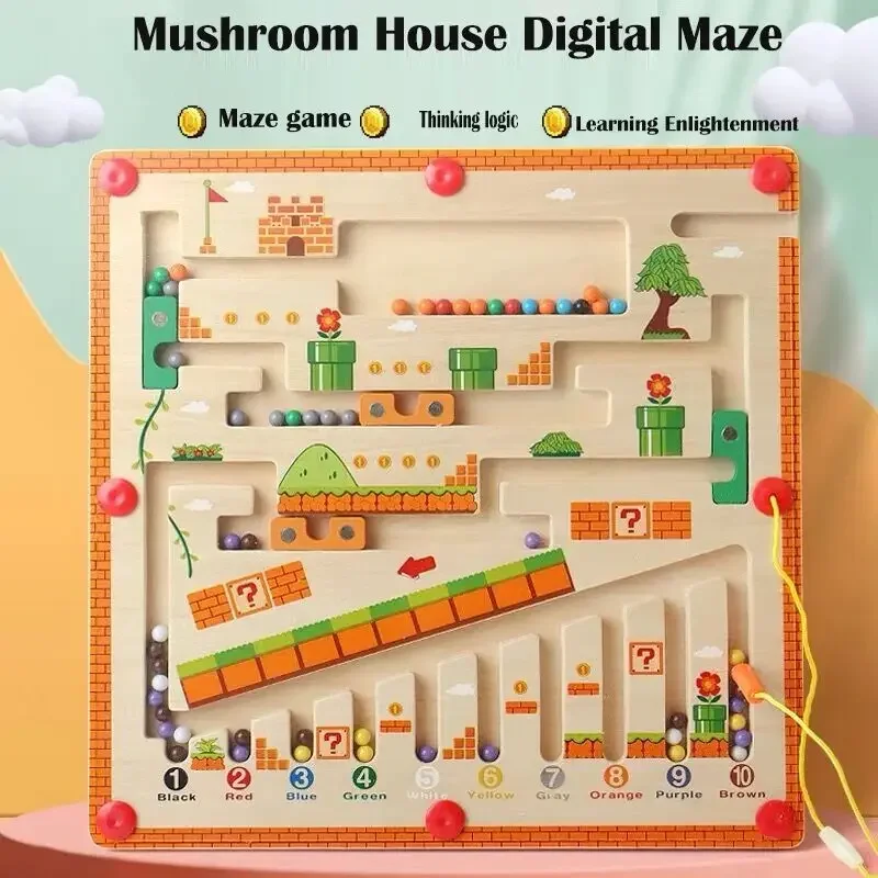 Kinder Holz Pilz Haus Magnetstift Labyrinth Spielzeug |   Passende Nummernfarbe, Perlen |   Focus Lernspielzeug