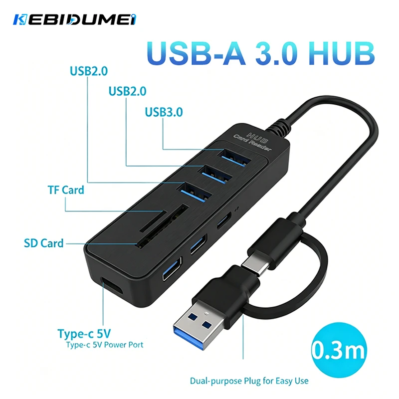 ﻿KEBIDUMEI 6 Ports USB Splitter Expander USB 3.0 HUB Type C Power Port 5Gbps High Speed Hub TF SD Reader Card Docking Station