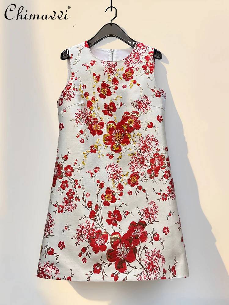 

High-end Luxury Fashion Round Neck Sleeveless Dress Women Summer Heavy Industry Beads Embroidery Flower Slim A-line Short Dress