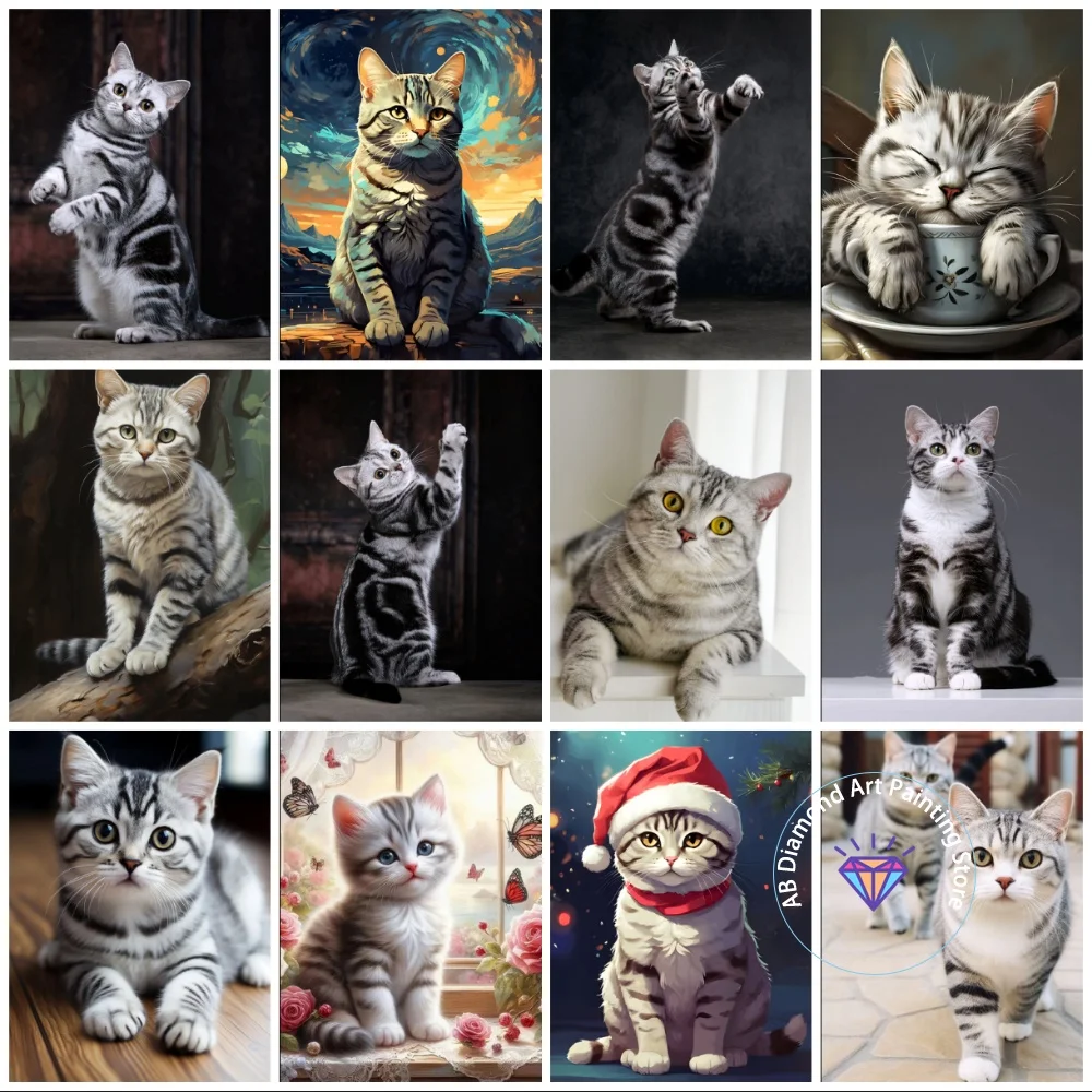 

Cute American Shorthair Cat Animal AB Diamond Painting Kit Square Round Diamond 5D DIY Mosaic Handmade Art Gift Home Decoration