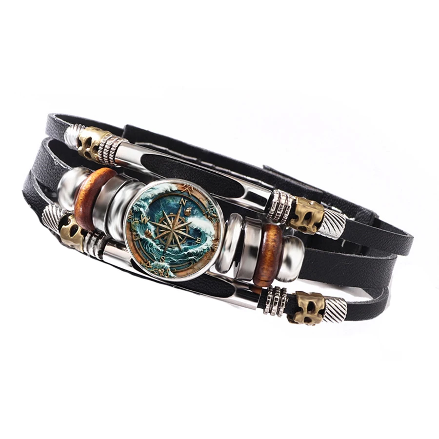 Vintage Marine Compass Glass Cabochon Leather Bracelet,  Timeless Nautical Personality Casual Wear Bracelet