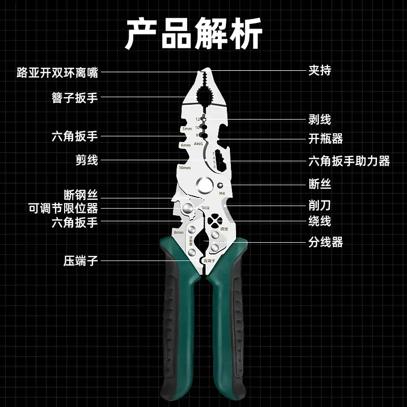 Multifunctional Electrician Wire Stripper Cutter Crimper Pliers for Fiber Cable Stripping and Cutting Tool