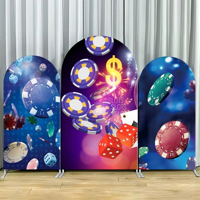 片面アーチ型背景幕カバー-鮮やかなカジノ風-ポーカーチップと金貨の装飾付き