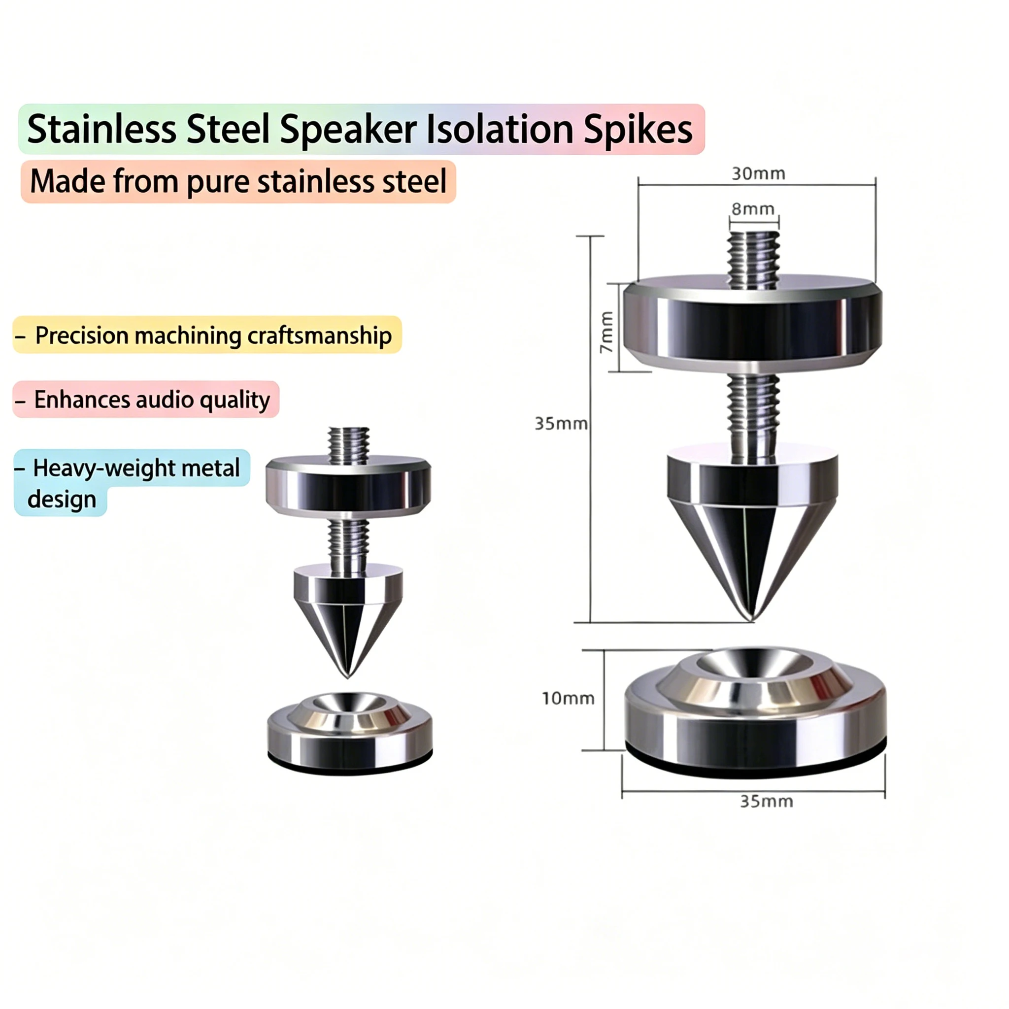 HiFi 4PCS M8 Set Stainless Steel Anti-Vibration Isolation Spikes Shock Absorber Feet Pad for Bookshelf Floor Standing Speaker