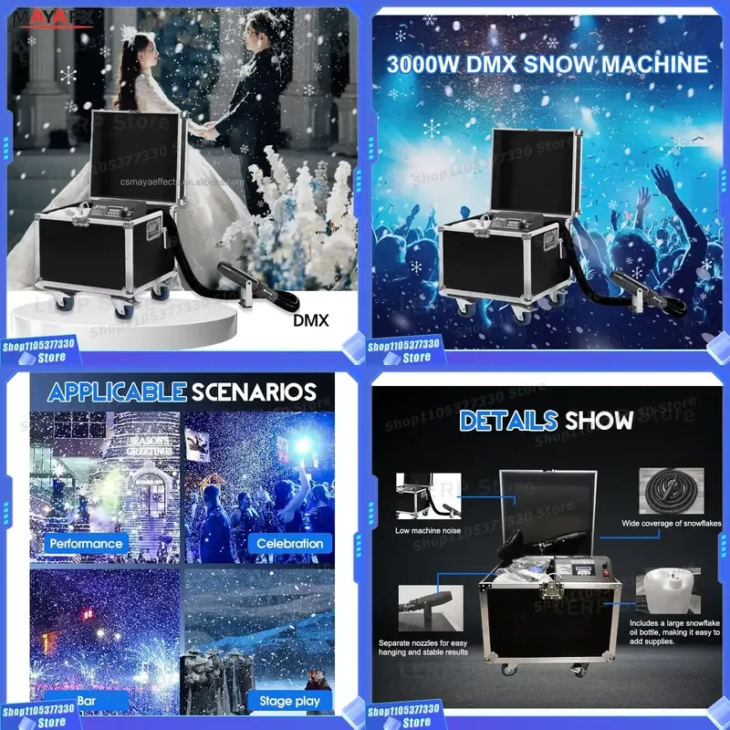 3000W Mobile Head Snow Machine Outdoor Artificial Snow Maker for Christmas Wedding Party Special Effects Top Flash Star