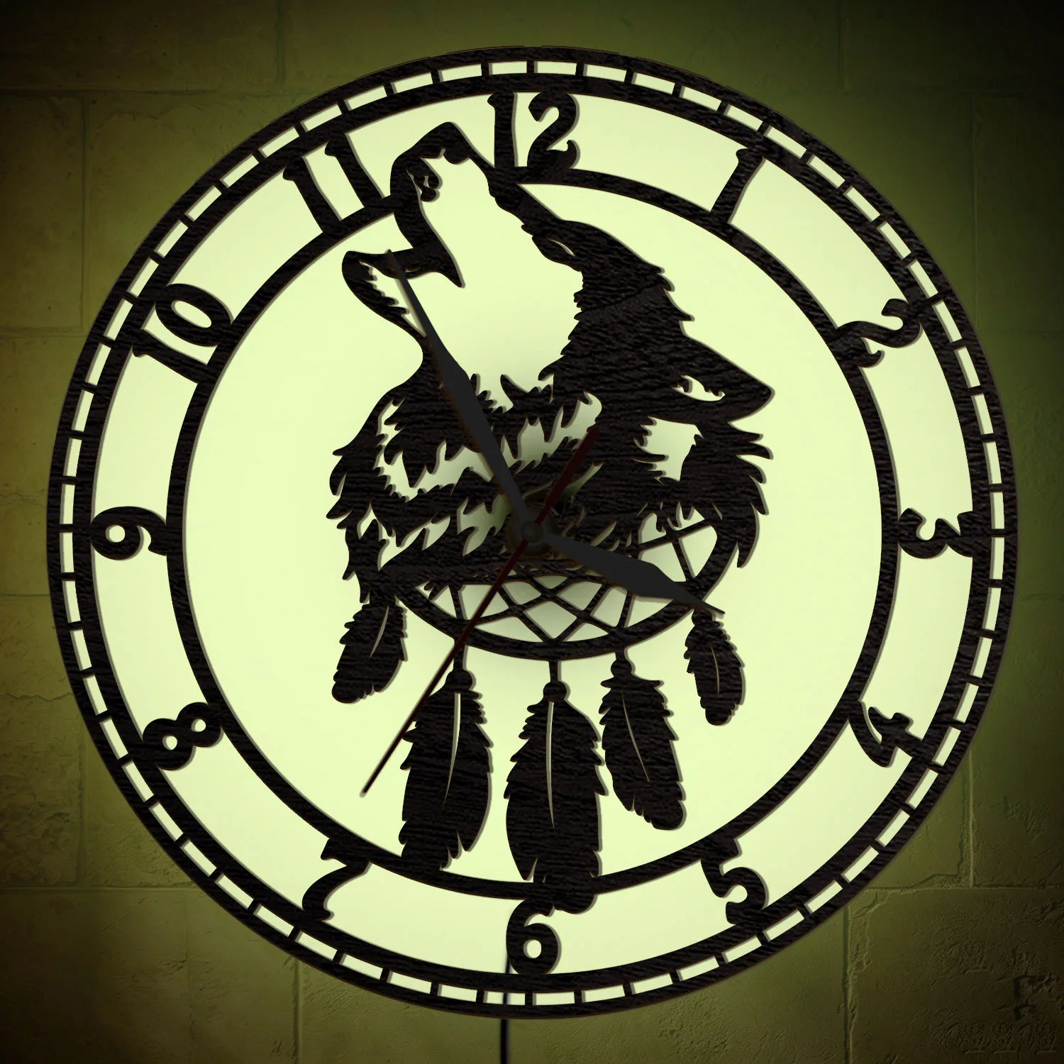 Wolf Dreamcatcher RGB LED Backlit Wood Wall Clock Howling Wolf Feather Dream Catcher Night Light Wall Clock Bohemian Home Decor