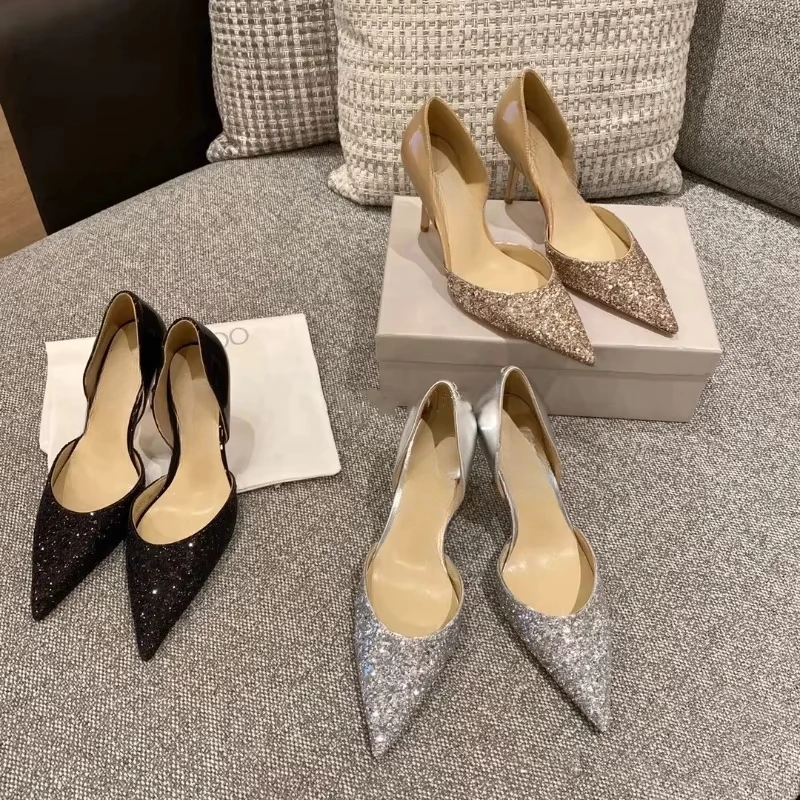 

2025 Spring/Summer New Sequin Hollow Pointed High Heel Fashion Crystal Banquet Women's Thin Heel Shallow Mouth Sandals