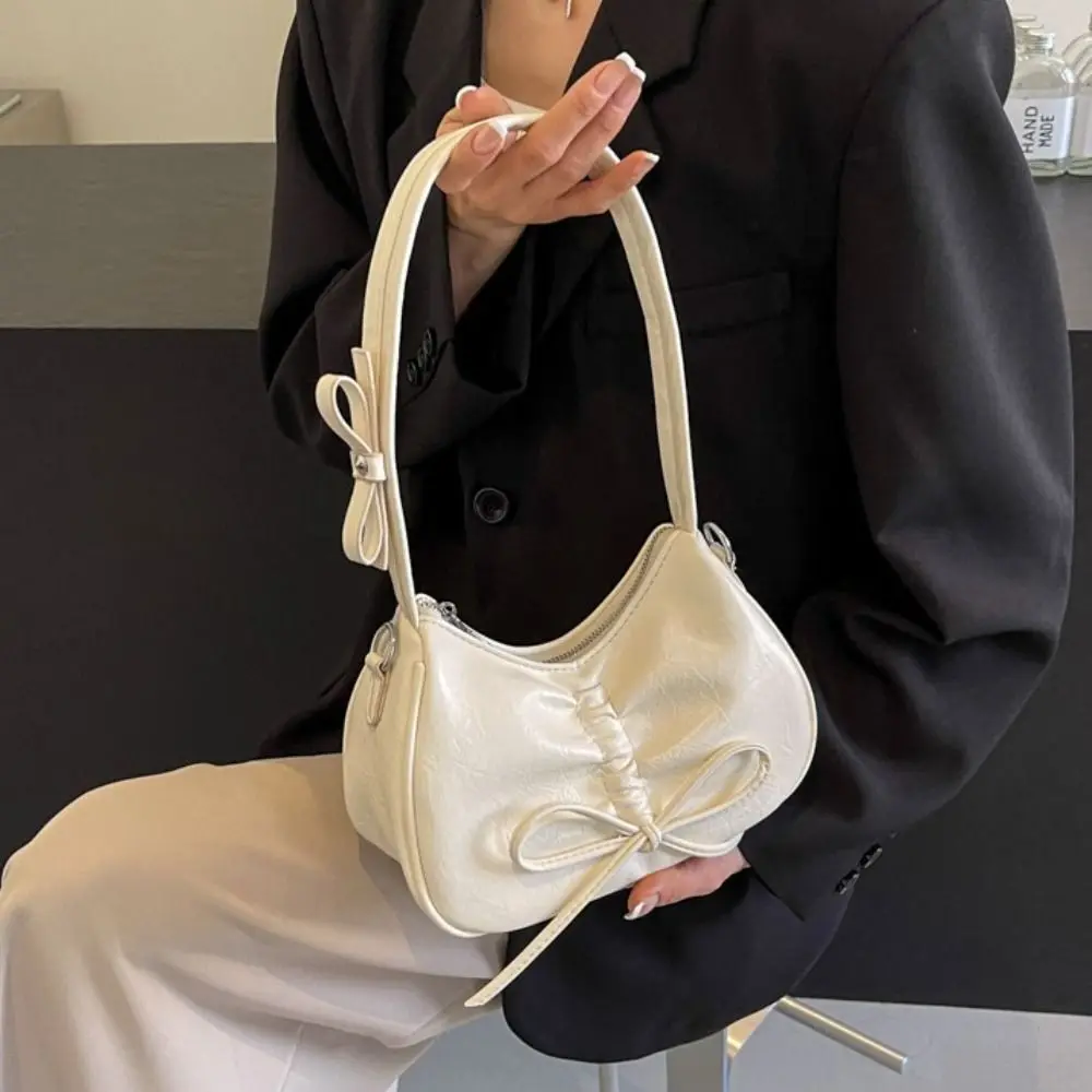 

Simple Bowknot Balletcore Bow Handbag Drawstring Korean Style Bow Tie Shoulder Bag Underarm Bag Silver PU Leather Hobo Bag Women