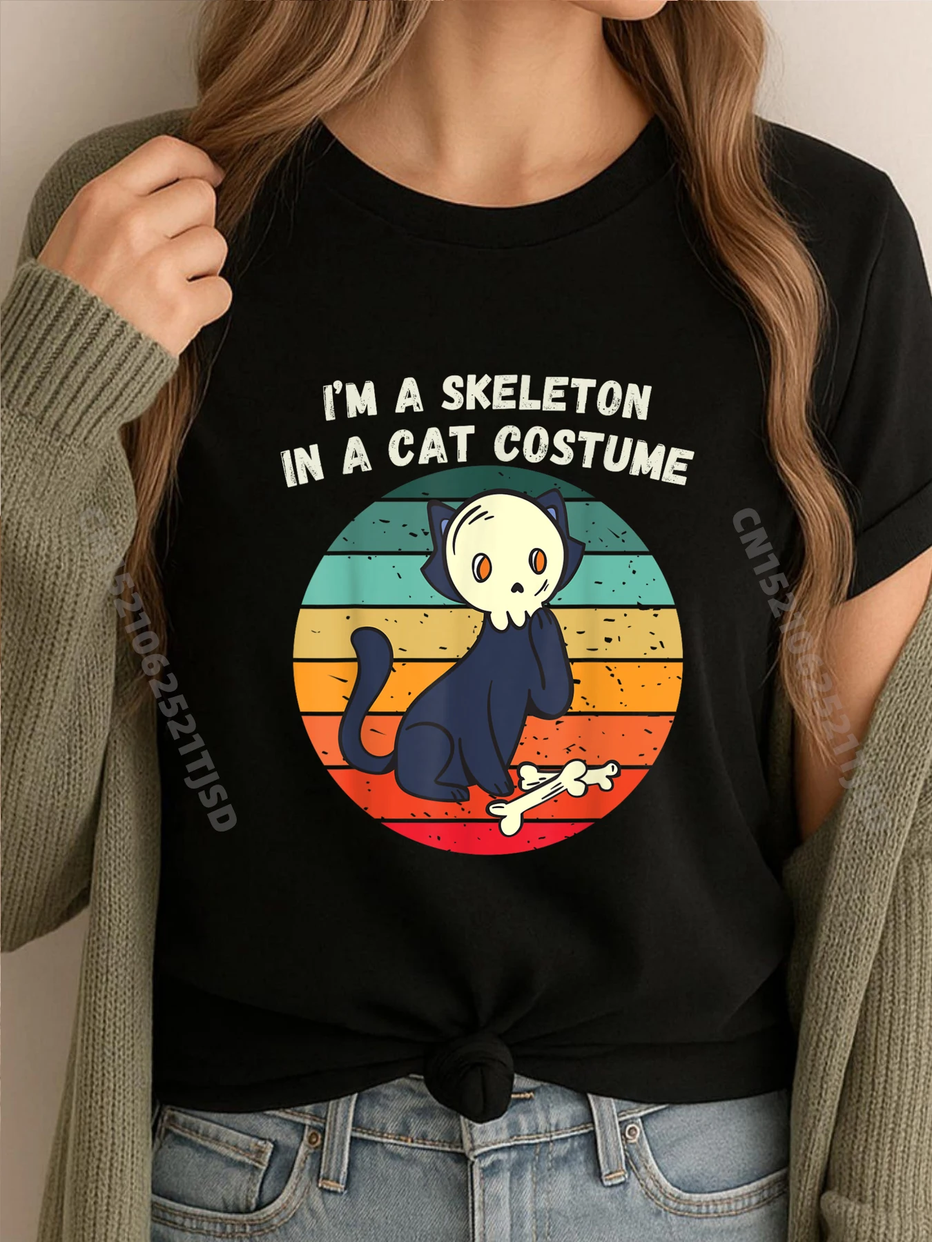 

Винтажный костюм на Хэллоуин I Im A Skeleton, ретро-скелет, кошка, мужская корейская модная женская футболка с коротким рукавом