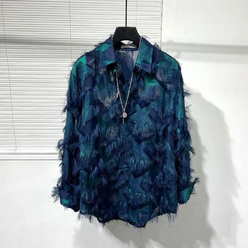 Men's Spring Summer Long Sleeved Tops Trendy Transparent Three Dimensional Tassel Contrast Color Cool Popular Male Shirts