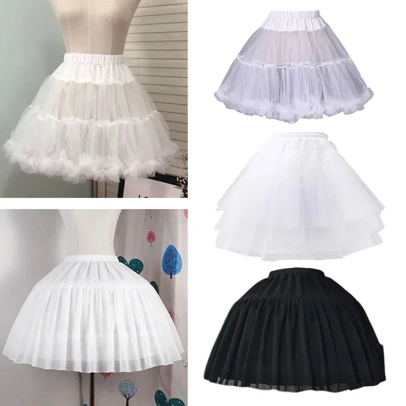 Women Girls Ruffled Short Petticoat with/no Hoop Solid Color Bubble Skirt Half Slip Prom Crinoline Underskirt