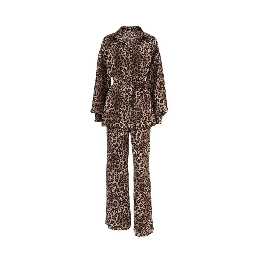 Sexy Leopard Print Loose Collar Long Sleeved Pants Casual Set 2024 Spring/summer New Fashion Two-piece Set for Women