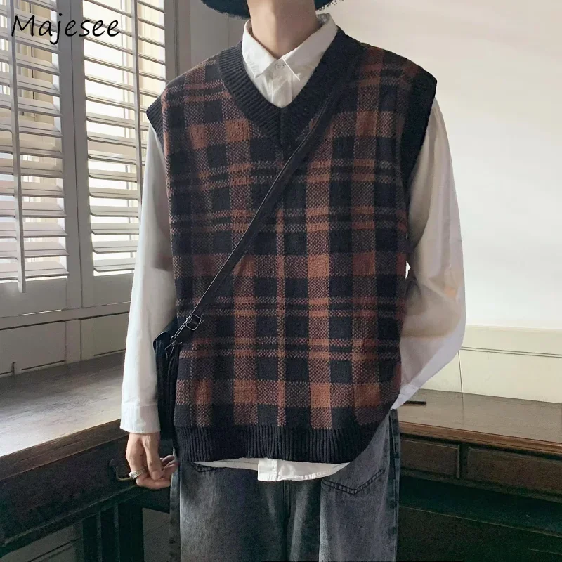 

Свитер-жилет Мужская уличная дизайнерская клетчатая универсальная повседневная красивая вязаная японская стильная ретро мешковатая студенческая унисекс шикарная одежда
