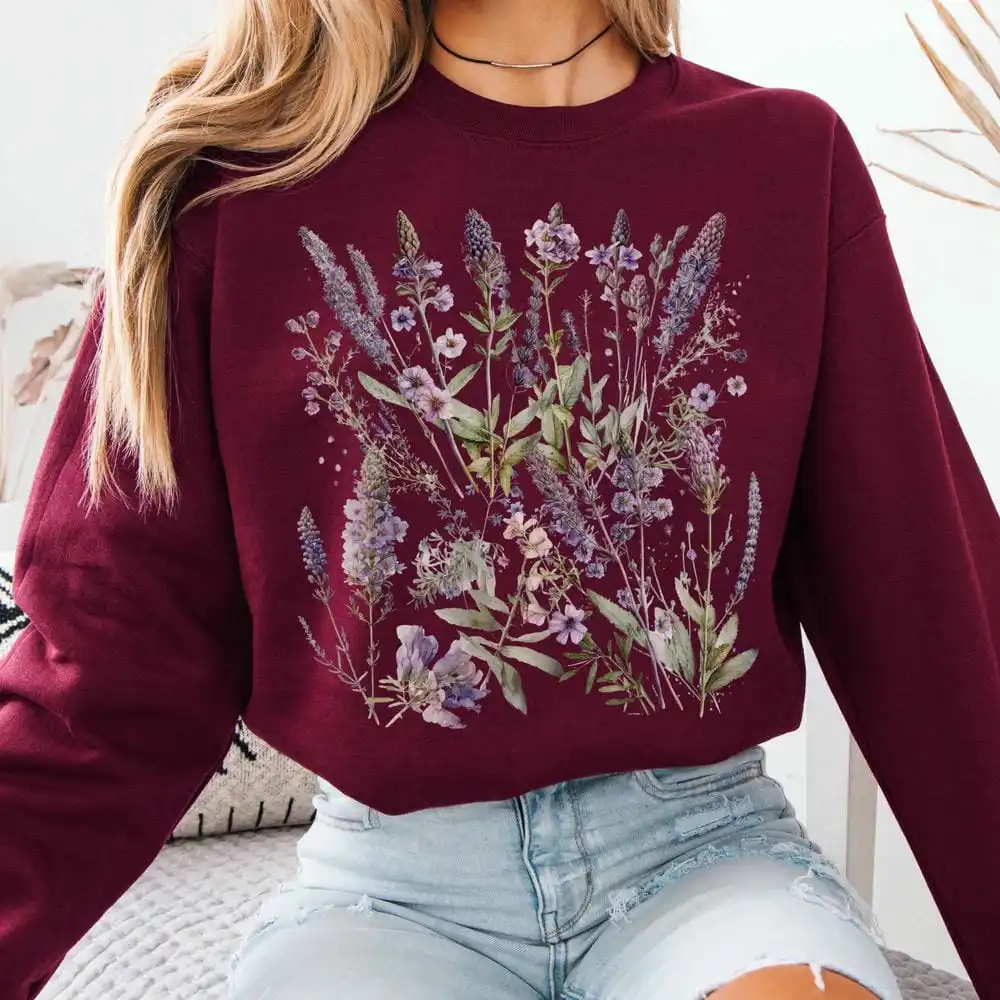 خمر الخزامى الربيع Cottagecore سترة المرأة طباعة سترة الراحة طويلة الأكمام الصوف Crewneck Y2K البلوز الشارع الشهير #2