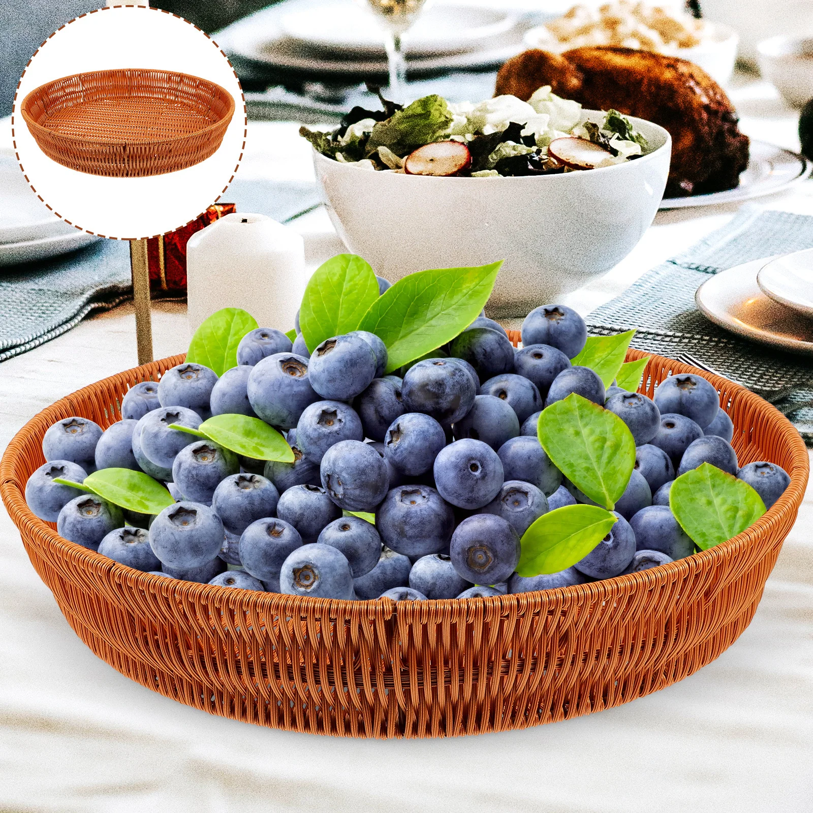 

Round Woven Tray Exquisite Craftsmanship Storage Organizer Kitchen Dining Tabletop Accent Fruit Vegetable Bread Holder