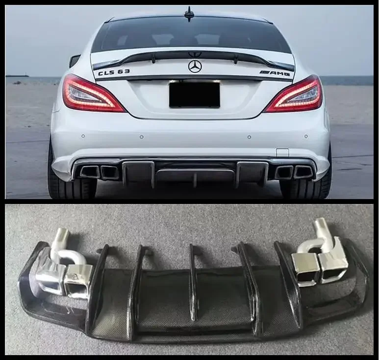 Carbon Fiber Rear Bumper Side Spoilers Lip Trunk Diffuser With Exhaust Tips For Mercedes Benz W218 CLS350 CLS63 AMG 2011-2018