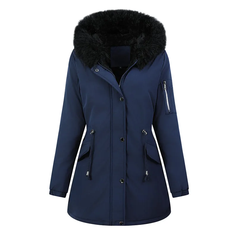 Women Thick Parkas Midi Coat Hoodies Long Sleeve Zipper Jackets Tight Waist Drawstring Casual Jacket Pockets Warm Winter 2026