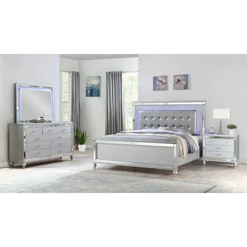 4 PC LED Bedroom Set, Silver Wood Finish, Modern Design, Stylish and Functional