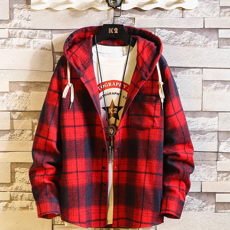 Casual Brand With Hooded Plaid Shirt Men'S Fleece Red Shirts Long Sleeves 2023 New Spring Autumn Plus OverSize S-7XL