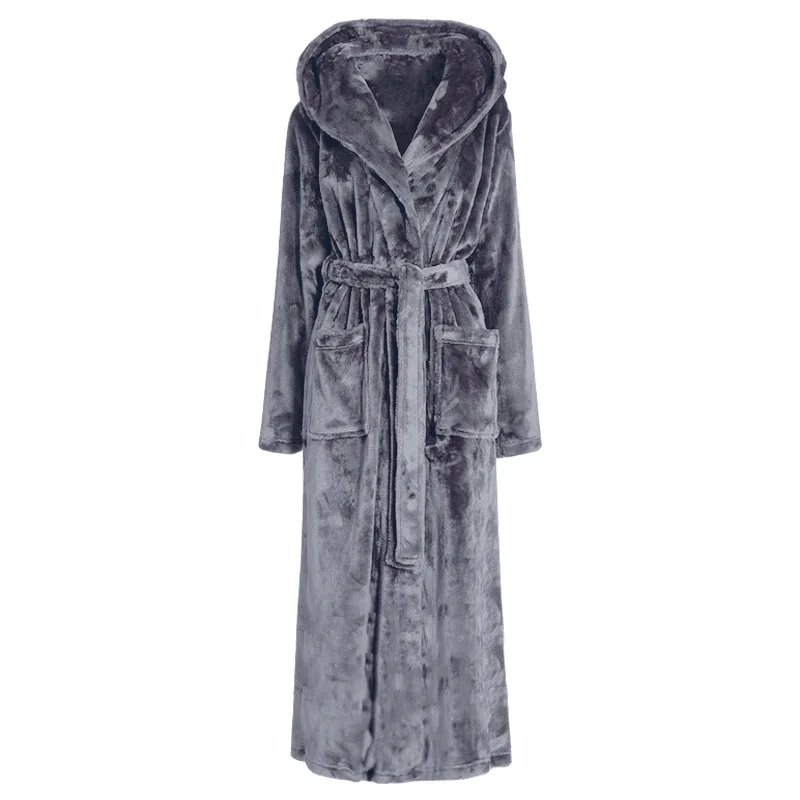 Thickened Flannel Hooded Robe Couple Long Bathrobe Gown Autumn Winter Warm Coral Fleece Sleepwear Nightgown Loose Home Wear