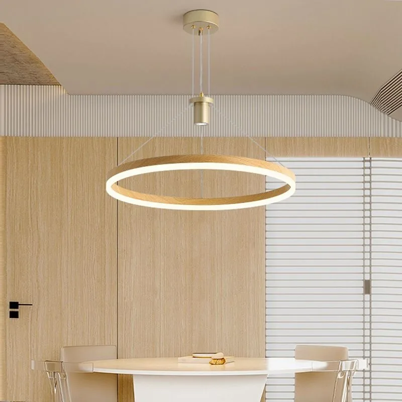 Modern Minimalist Creative Faux Wood Metal Ring LED Pendant Light Living Room Dining Bar Study Home