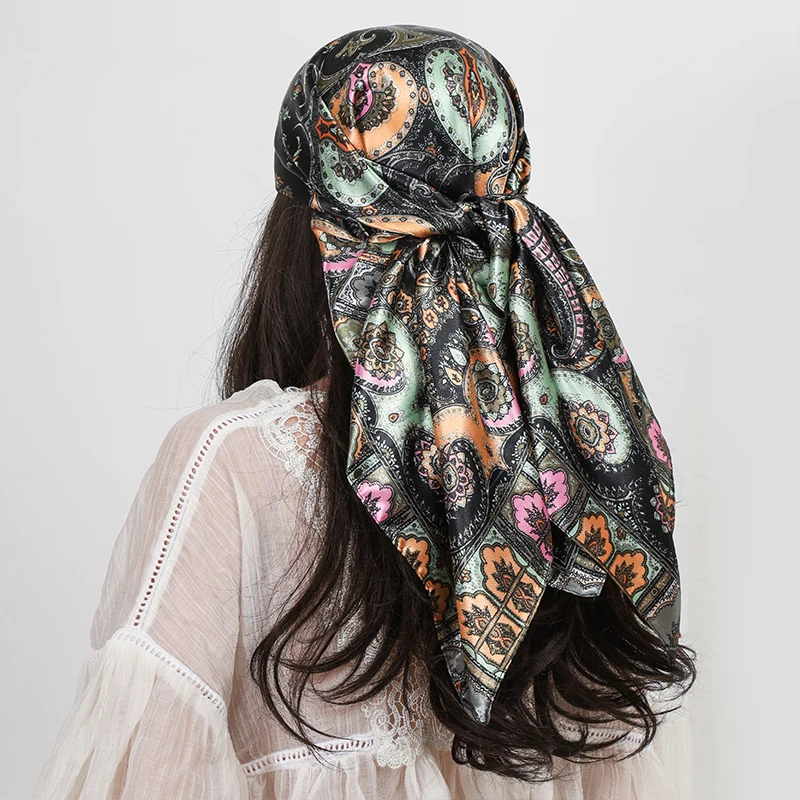 90 cm Platz Silk Schals Frauen Hijab Schals Paisley Cashew Blume Drucken Kopftuch Femme Kopf Schal Foulard Bandana Strand Pareo – Detail 3