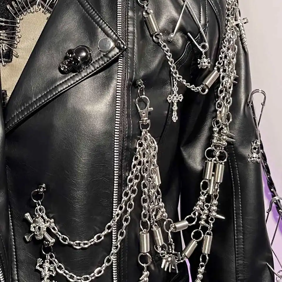 Women's Black PU Leather Gothic Biker Punk Rock Jacket Y2K Spiked