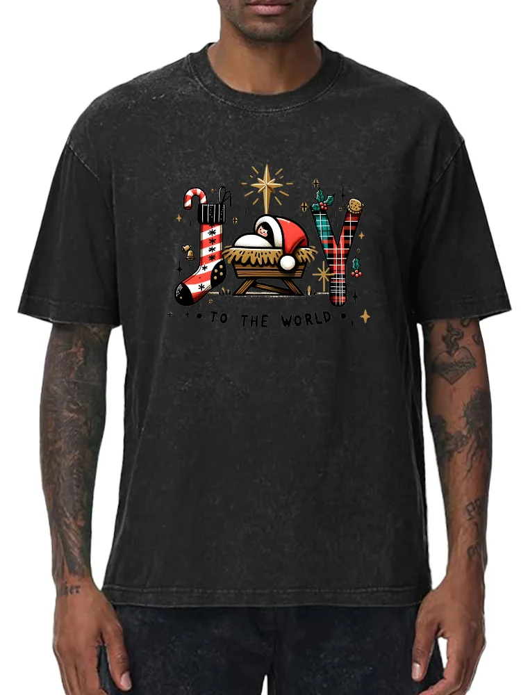 

Joy to the World 230g Heavy Cotton Washed Oversized T-Shirt for Men Christmas Graphic Tee Retro Casual Top