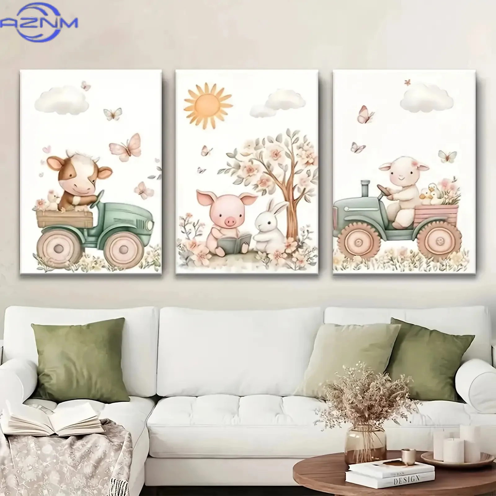 3pcs Set Of Exquisite Wrapped  Frame Decorative Art, Farm Cartoon Animal Poster Cow Sheep Pig Nursery Canvas Painting Printing A