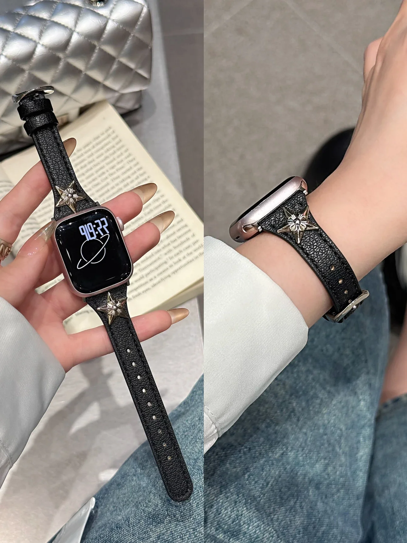 Модная кожаная петля со звездами для Apple Watch, женский ремешок 10/9/8/7/6/5/4/3/2/1 SE 38 мм 40 мм 41 мм 42 мм 44 мм 45 мм 46 мм 49 мм Ремешок