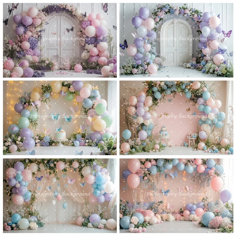 

Романтический фон для фотосъемки: арка из воздушных шаров, занавески, бабочки. Декор для дня рождения девочки, свадьбы, вечеринки. Фотографический фон.